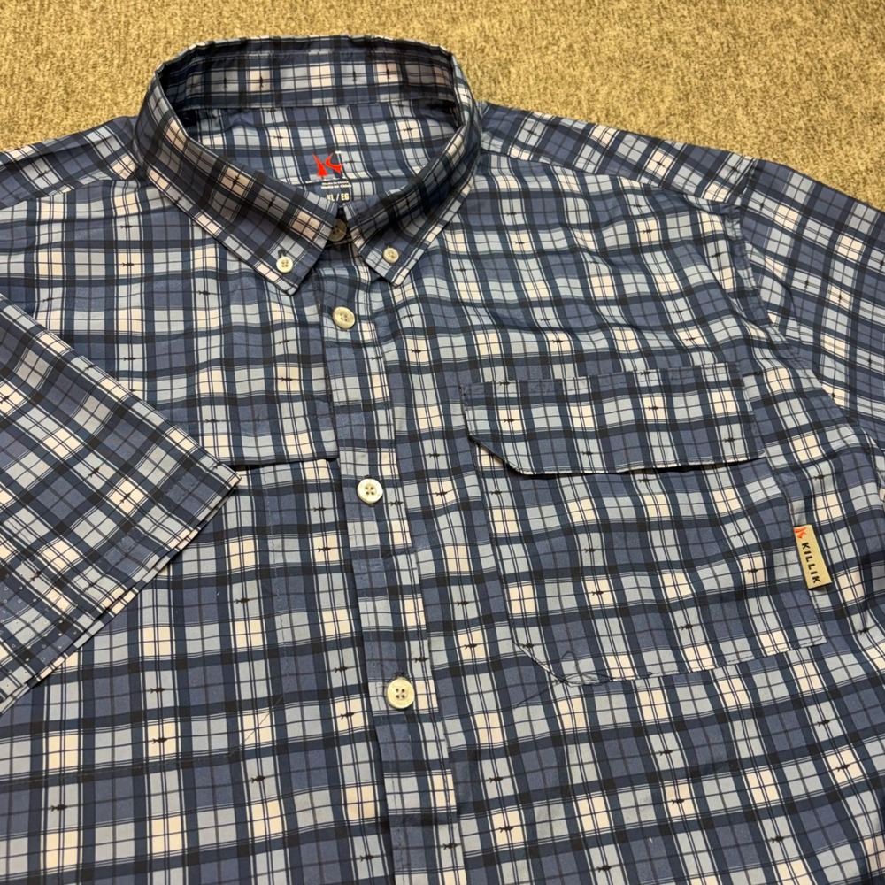 Killik Mens‎ XL Blue Plaid Fish Short Sleeve Button Down Fishing Shirt